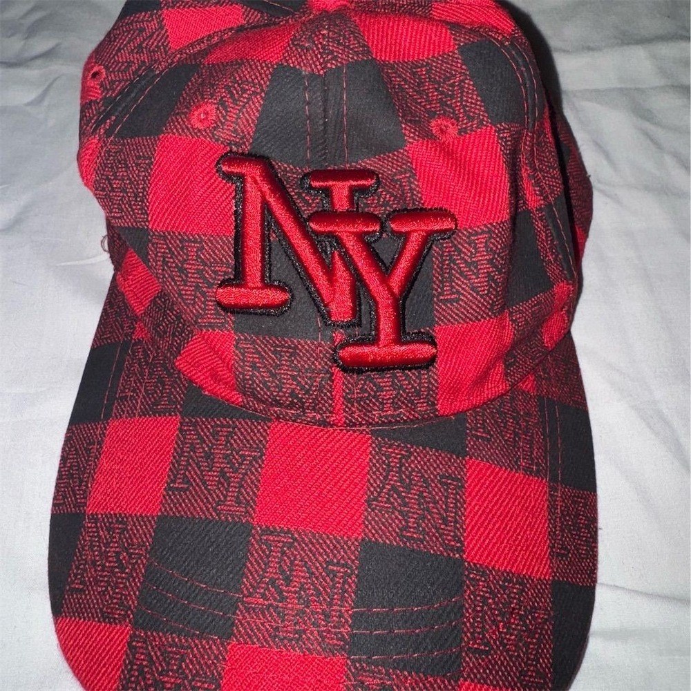 K&B Ethos Red & Black‎ Plaid NY Embroidered Baseball Cap Unisex Adjustable